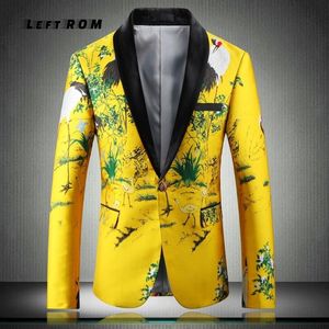 Veste de costume jaune de luxe pour hommes, imprimé Floral, coupe cintrée, vêtements de scène, motif élégant, veste de fête de mariage, 5XL CJ19280Z