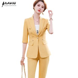 Geel Pak Temperament Casual High End Business Formele Half Mouw Blazer en Broek Kantoor Dames Mode Werk Slijtage 210604