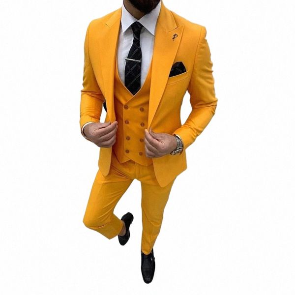 Costumes jaunes pour hommes Blazer Peak Revers simple boutonnage élégant ensemble complet plat formel Ocn élégant 3 pièces veste pantalon gilet S3Dt #