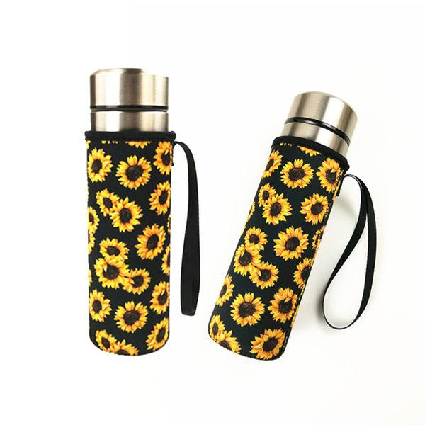 Funda para botella de agua de neopreno con diseño de girasol amarillo, bolsa aislante para botella de bebida portátil, bolsa enfriadora para deportes al aire libre