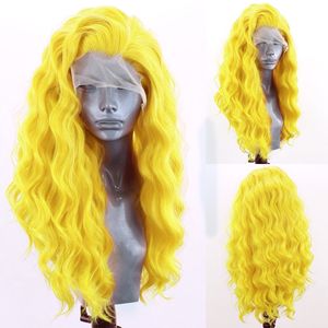 Perruque Lace Front synthétique jaune partie libre simulation de vague d'eau perruques de cheveux humains 28 30 pouces perruques sans colle transparentes pour les femmes 180%