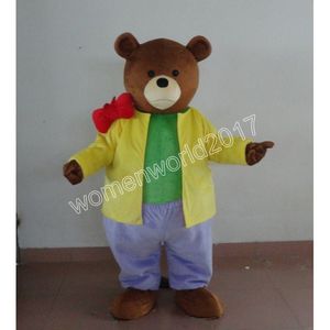 Costume de mascotte d'ours en peluche jaune Veste en cuir Costume d'Halloween Jeu de rôle Costume de fourrure