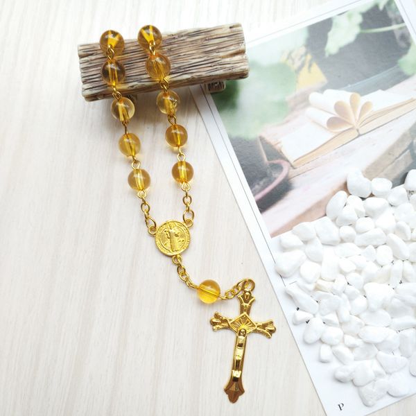 Bracelet en perles acryliques transparentes jaunes, chapelet croix de jésus, bijoux religieux