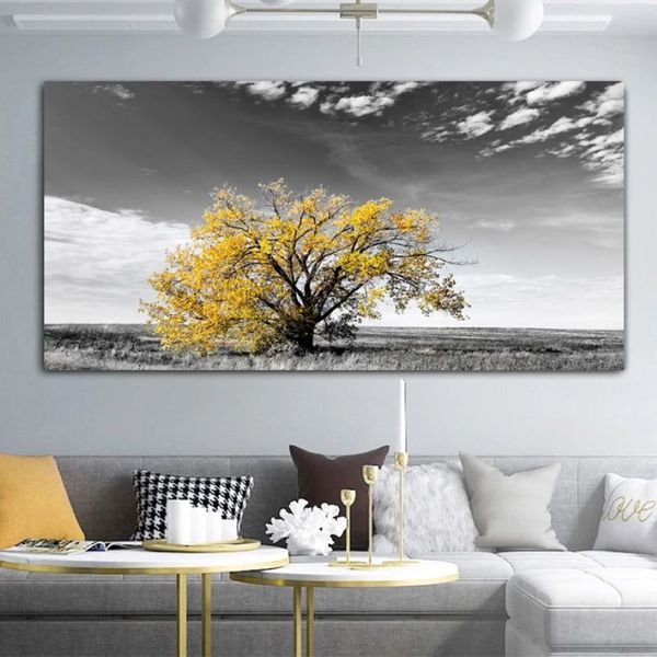 Peinture d'arbre jaune imprimée sur toile, images d'art murales pour salon, affiches et imprimés de paysage modernes Cuadros328b