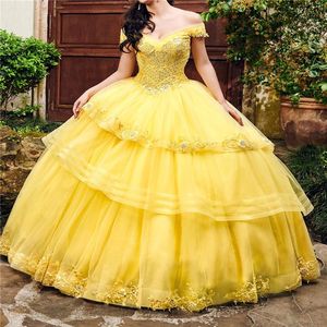 Tulle jaune hors de l'épaule robe de bal robes de Quinceanera cristaux fleurs perles multi-couches robe de bal robe de 15 anos280f