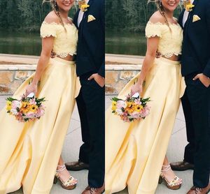 Robes de bal jaunes deux pièces robes de soirée en dentelle robe formelle longueur de plancher robe de soirée en satin