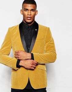 Tuxedos de marié en velours jaune, châle noir à revers, costume 2 pièces pour mariage, mode hommes, veste de soirée de bal, blazer (veste + pantalon + cravate) 2601