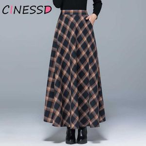 Jaune Vintage Plaid Longue Jupe Femmes Coréen Gris Élastique Taille Haute Poche Jupes En Laine Dames Bureau Travail Casual Streetwear 210619