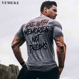 YemeKe Nieuwe Mannen Korte Mouw Katoenen T-shirt Zomer Casual Mode Gyms Fitness Bodybuilding T-shirt Mannelijke Slanke Tees Tops Kleding G1222