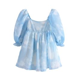 YENKYE verano mujeres Blooming Sky Color Organza princesa Vestido mujer Sexy cuello cuadrado Puff manga Mini Vestido de fiesta Vestido corto 220406