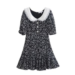 YENKYE verano mujeres encaje patchwork peter pan collar estampado floral vestido puff manga damas vestido vintage gasa bata corta 220514