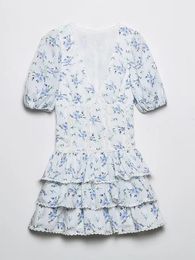 Yenkye femenino de moda bordado bordado vestido de estampado floral manga vintage hembra dulce en capas mini vestidos 240416