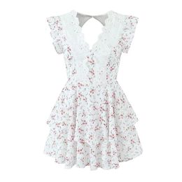 Yenkye dames kanten borduurwerk gesplitste bloemenprint mini -jurk sexy backless vliegende mouw vrouwelijke vakantie zomerjurken 240528