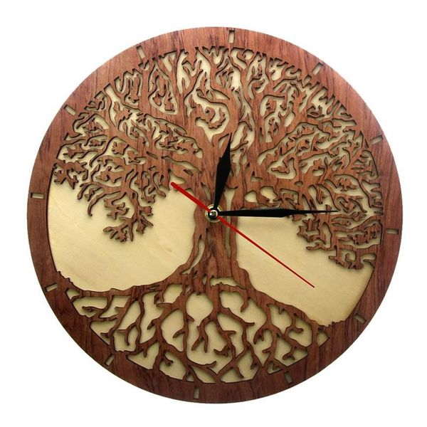 Yggdrasil Arbre de vie horloge murale en bois géométrie sacrée arbre magique décor à la maison balayage silencieux cuisine horloge murale cadeau de pendaison de crémaillère 2247F