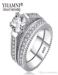Yhamni 100 REAL 925 Anneaux en argent sterling coeurs et flèches 1CT CZ Diamond Madings For Women Double Engagement Ring MR194036916