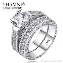 YHAMNI 100% Echt 925 Sterling Zilveren Ringen Set Harten en Pijlen 1ct CZ Diamanten Trouwringen voor Vrouwen Dubbele Verlovingsring MR1286q