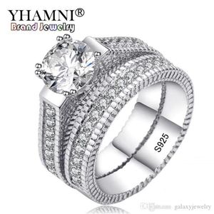 YHAMNI-Conjunto de anillos de plata de ley 925 100% auténtica, corazones y flechas, anillos de boda de diamante CZ de 1 quilate para mujer, anillo de compromiso doble MR12173