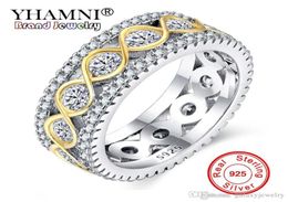 YHAMNI 100 настоящие твердые серебряные кольца 925 пробы для женщин, маленькие CZ объемные модные ювелирные изделия с золотым цирконом, обручальные кольца целиком RA01485484517