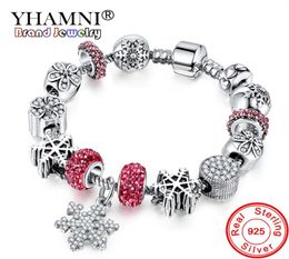 YHAMNI Antique 925 argent mariage Vintage bijoux bracelet à breloques bracelet avec pendentif flocon de neige perles de cristal pour les femmes YB2111378776