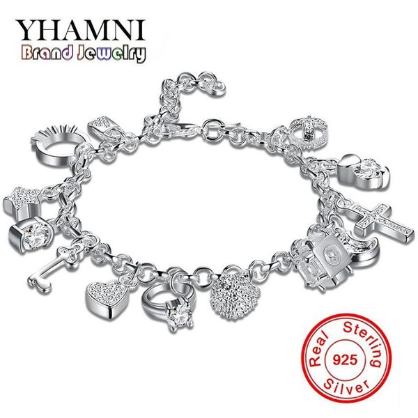 Yhamni marca design exclusivo 925 prata pulseira moda jóias charme pulseira 13 pingentes pulseiras pulseiras para mulher h144260s