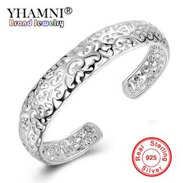 Yhamni Classic Real 925 Sterling Silver Bracelets Bangles For Women Fashion Charm Jewelry Open Cuff Bangle B144313P