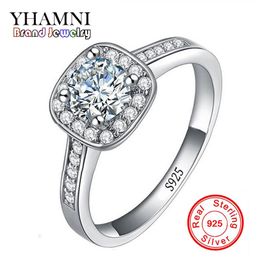 YHAMNI Classic Solid Silver Bruid Trouwringen voor Dames Inlay 1 CT CZ Diamond Engagement Ring 925 Sterling Zilveren Sieraden MR035