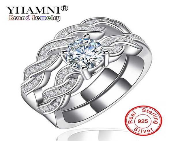 YHAMNI Fine Jewelry Classique Marquise CZ Diamant 2 Anneaux Ensembles Solide 925 Argent Bande Bague De Mariage Bijoux De Fête Pour Les Femmes KR1273984746