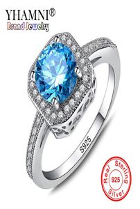 Yhamni Luxury 1CT 6mm Natural Blue Gem Stone Rings For Women Real 925 Sterling Silver CZ Diamond verloving Wedding Rings KR1541432953