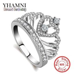 YHAMNI luxe 925 bagues en argent sterling princesse reine couronne bague de fiançailles de luxe CZ diamant authentique bijoux en argent sterling K293m