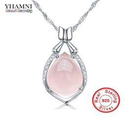 Yhamni Luxury Solid 925 Sterling Silver Gema Pink Gem Crystal Collar Collar de caída de agua de piedra natural para mujeres DZ0562777767