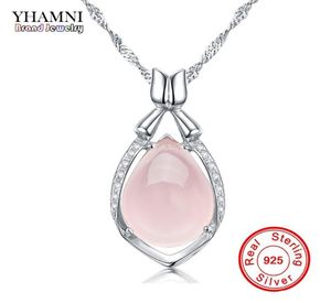 Yhamni Luxury Solid 925 Sterling Silver Pink Gem Crystal Pendant ketting Natuurlijke stenen waterdruppel ketting voor vrouwen DZ0562777767