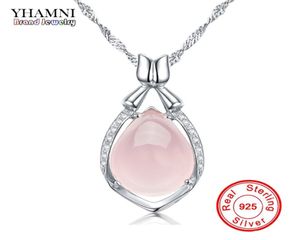 Yhamni Luxury Solid 925 Sterling Silver Pink Gem Crystal Pendant ketting Natuurlijke stenen waterdruppel ketting voor vrouwen DZ0566582097