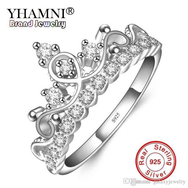 YHAMNI Original Plata de Ley 925 anillo de corona Estilo Princesa joyería de circonia cúbica anillo de boda de compromiso para mujer ZR178236U