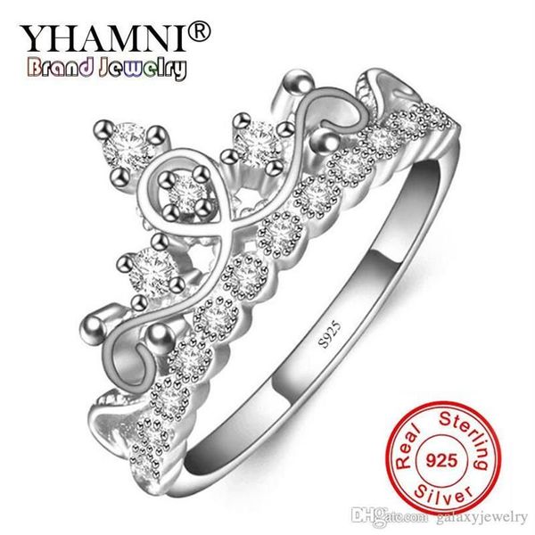 YHAMNI-Anillo de corona de Plata de Ley 925 Original, joyería de circonia cúbica de Estilo Princesa, anillo de boda de compromiso para mujer ZR178237a