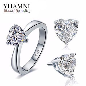 YHAMNI Original ensembles de bijoux de mariage de mariée pour les femmes réel 925 en argent Sterling coeur CZ diamant boucles d'oreilles bague bijoux de mariée 271w