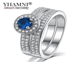 Yhamni Original Natural 100 925 Rings de plata para mujeres Set Top 1 Ct 6 mm Gema azul Cz Anillos de boda de diamantes Joyas finas R00799161244838460