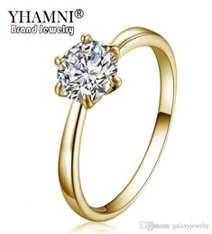 Yhamni Original Pure Gold Color Ring Solitaire 6mm 1 CT CZ Zircon Anneques de mariage pour femmes Taille de l'anneau complet 5 6 7 8 9 10 11 YR0027313348