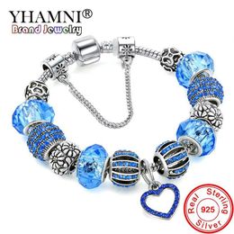 YHAMNI Bracciale rigido originale in argento massiccio 925 blu con amore e fiore perline di cristallo Bracciale a catena di sicurezza per donna HB0285L