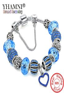 Yhamni Original Solid 925 Silver Blue Charm Bracelet Bracelet With Love and Flower Crystal Beads Safety Chain Bracelet for Women HB01722486