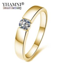 Yhamni Pure Gold Color Solitaire Ring Zircon CZ Engagement Bijoux de mariage Anneaux pour femmes et hommes Taille 513 YMKR101958264897532