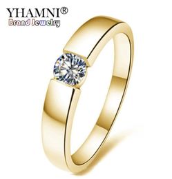 Yhamni Pure Gold Color Solitaire Zircon Ring CZ Engagement Bijoux de mariage Anneaux pour les femmes et les hommes Taille 513 YMKR101958264557679