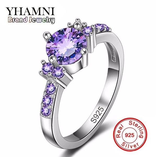 YHAMNI Real 925 Anillo de plata Joyería de cristal púrpura CZ Diamante Compromiso Bague Bijoux Accesorios de lujo Anillos de boda para mujeres R318c