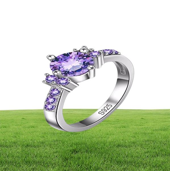 YHAMNI Real 925 Anillo de plata Joyería de cristal púrpura CZ Diamante Compromiso Bague Bijoux Accesorios de lujo Anillos de boda para mujeres R1410963
