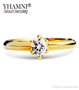 Yhamni Real Pure 925 Sterling Silver Wedding Rings Gold Color Cubic Zirconia Solitaire Band Engagement Rings For Women XJR040180531110706
