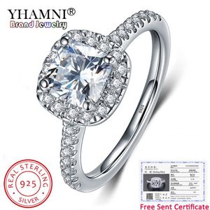 YHAMNI Verzonden Certificaat Luxe 10%% Origineel 925 Zilver 8.8mm 2 Karaat Vierkante Kristallen Zirkonia Diamanten Trouwringen voor Dames268p