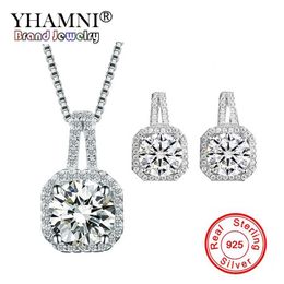 YHAMNI Solid 925 Sterling Zilveren Bruiloft Sieraden Sets voor Vrouwen Prinses Kubieke Zirkoon Hanger Ketting Stud Oorbellen Sets TZ009261Z