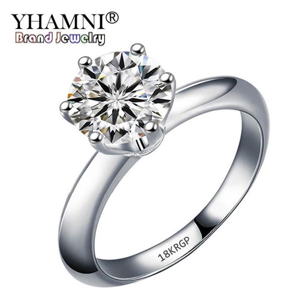 YHAMNI estampillé 18KRGP bagues en or blanc pour femmes 8mm 2 carats 6 griffes zircon cubique cadeau de fiançailles anneaux de mariage R168190E