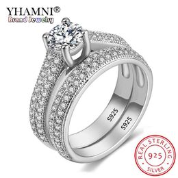 YHAMNI Mit Zertifikat Luxus Original 925 Silber Ehering Set Haben S925 Logo Dazzle Zirkonia Diamant Band Ringe Für Frauen 2P268G