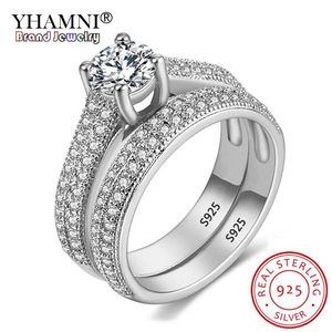 Yhamni con certificado Luxury Original 925 Silver Wedding Ring Set tiene S925 logotipo Dazzle Zirconia Diamond Band Band For Women 2P177O