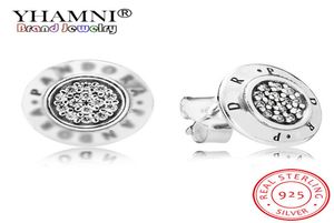 Yhamni Women's Authentic 925 Sterling Silver Earring Logo Signature met Crystal Stud -oorbellen voor vrouwen compatibele stijl sieraden2827473